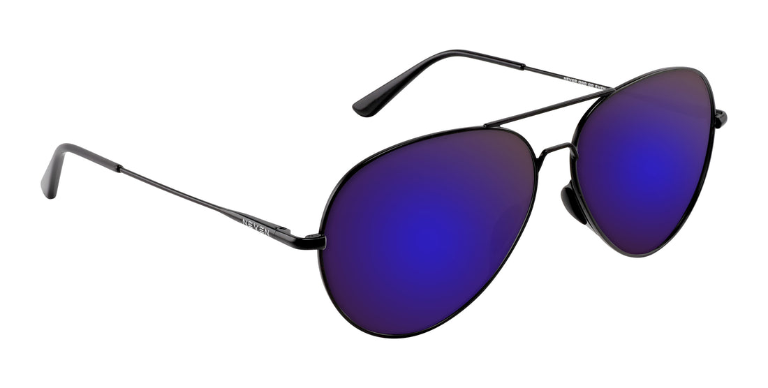 Angled close up of Burakkumetaru sunglasses with purple mirrored lenses and black metal aviator frame on white background