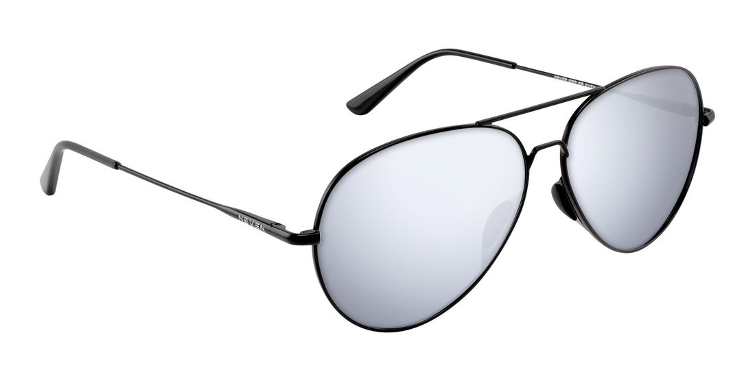 Angled view of Burakkumetaru Rx aviator sunglasses with brushed black metal frame, nose pads and mirrored lenses on white background