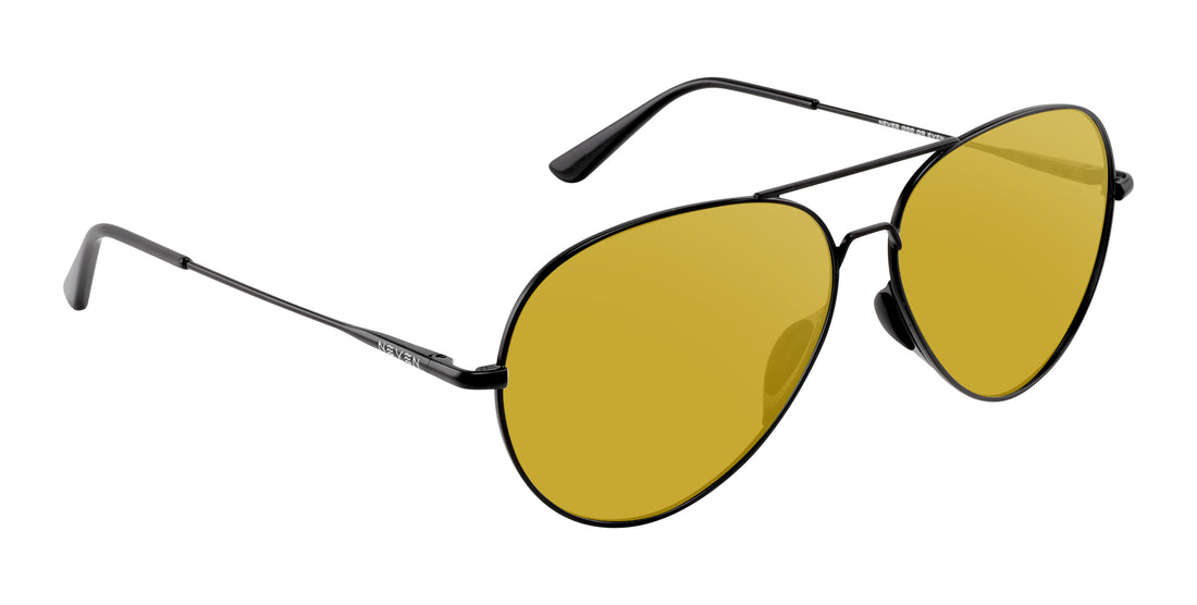 Three-quarter view of Burakkumetaru aviator sunglasses with black metal frame, nose pads and yellow lenses