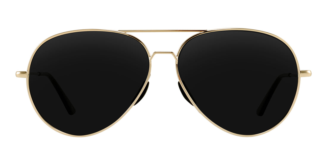 Front close-up of Kintsugi prescription aviator sunglasses showing polished gold frame, double bridge, and black lenses on white background