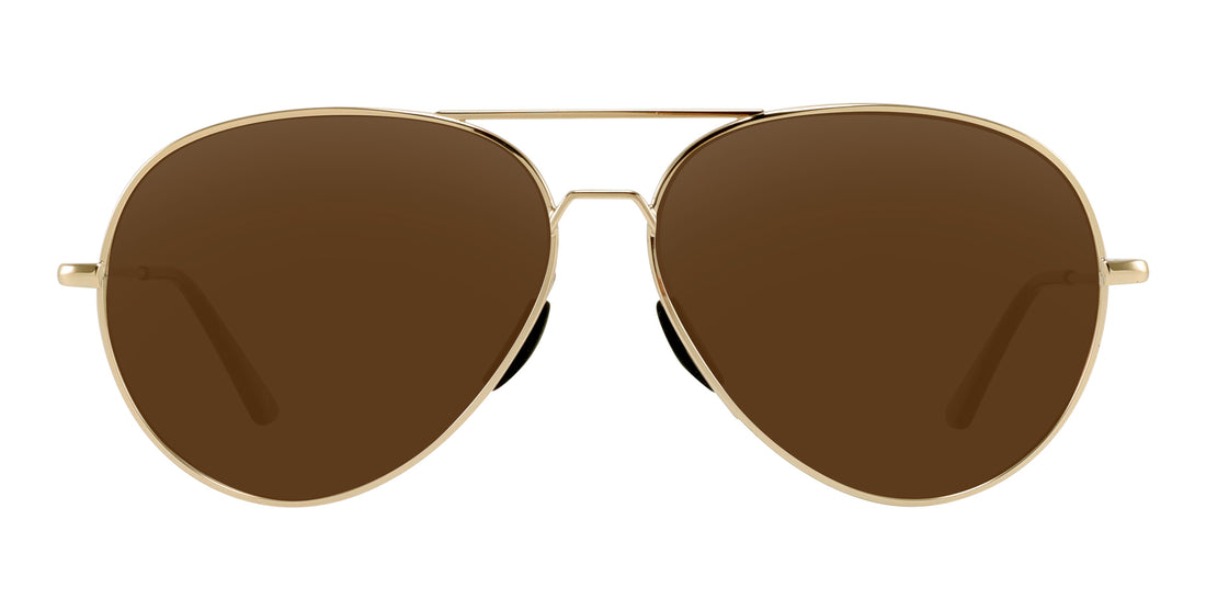 Front close-up of Kintsugi aviator sunglasses with polished gold double bridge frame, brown lenses on white background