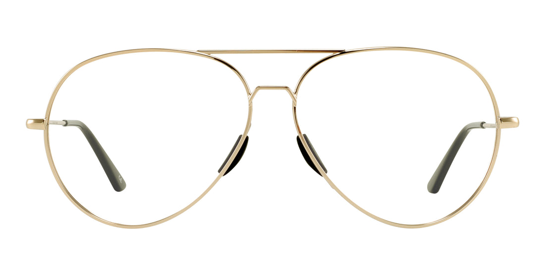 Front view of Kintsugi aviator glasses showing gold metal frames, black temple tips, and clear lenses on white background