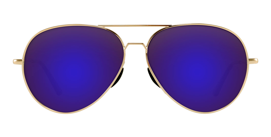 Close-up view of Kintsugi aviator sunglasses showcasing purple mirrored lenses and polished gold frame on white background