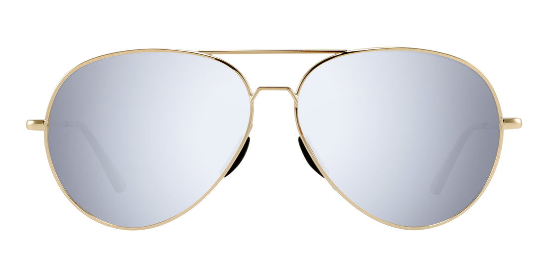 Front close-up of Kintsugi Rx aviator sunglasses showing gold frame, black temple tips, and silver mirrored lenses on white