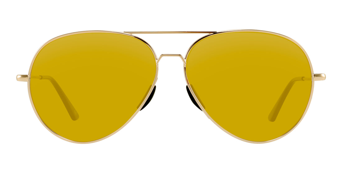 Front close-up of Kintsugi sunglasses showing gold aviator frame, yellow Rx lenses and black temple tips on white