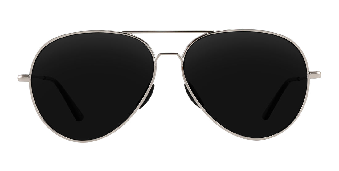 Front view of Shirogane aviator sunglasses showcasing polished silver metal frames and black lenses on white background