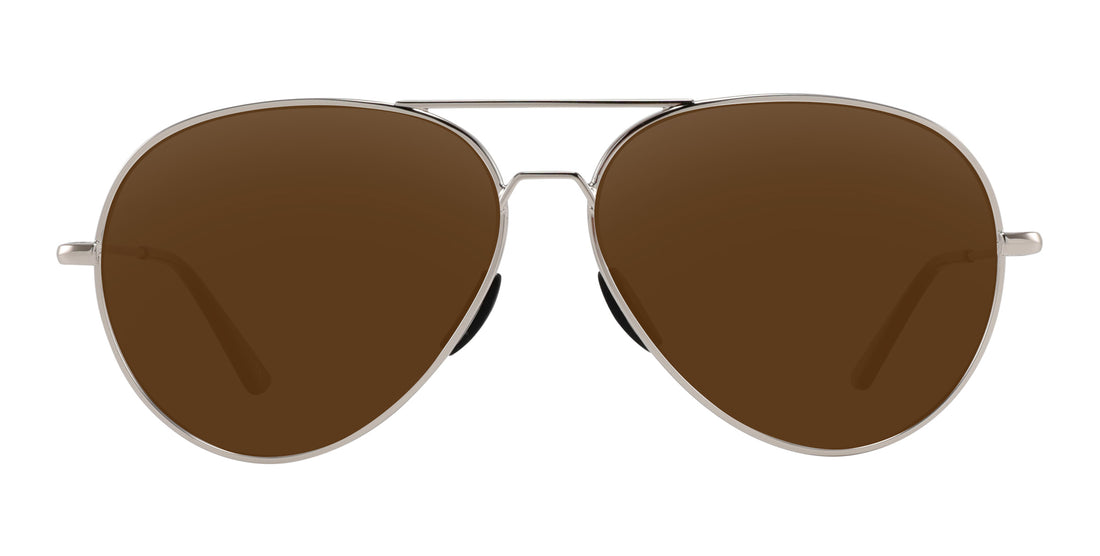 Front close-up of Shirogane Rx sunglasses with silver metal aviator frame, double bridge and brown lenses on white background