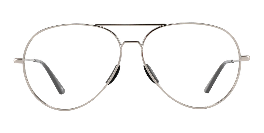 Front view of Shirogane aviator sunglasses showing polished silver double-bridge frame and nose pads on white background