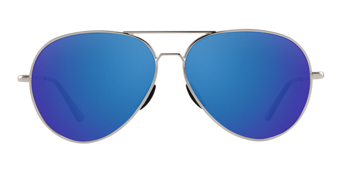 Front view of Shirogane aviator sunglasses showcasing polished silver metal frame and coastal blue mirrored lenses on white background