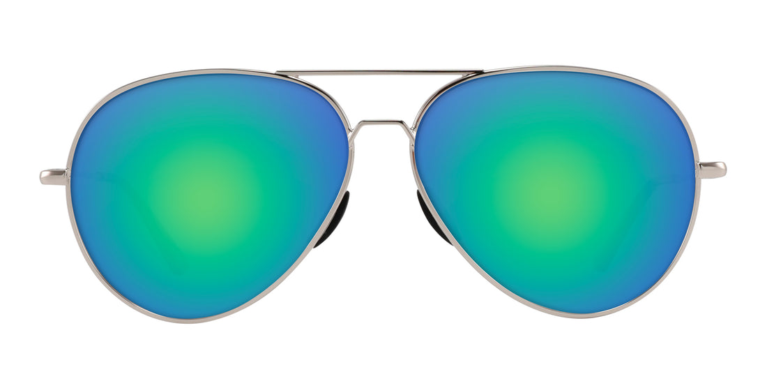 Front close-up of Shirogane aviator sunglasses with silver double-bridge frame and green-blue mirrored lenses on white