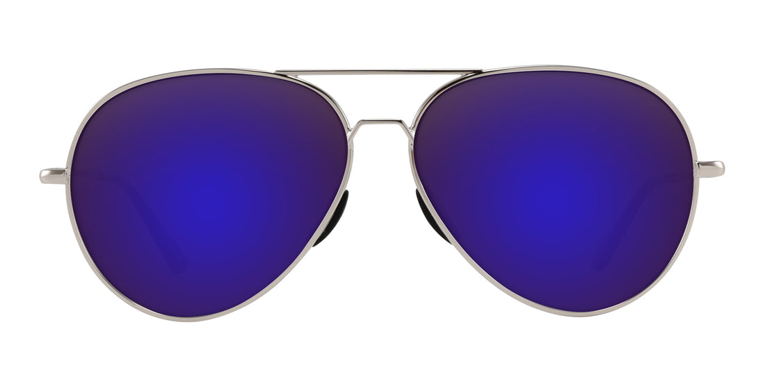Front close-up of Shirogane aviator sunglasses showcasing polished silver double-bridge frame and purple-blue mirrored lenses on white background