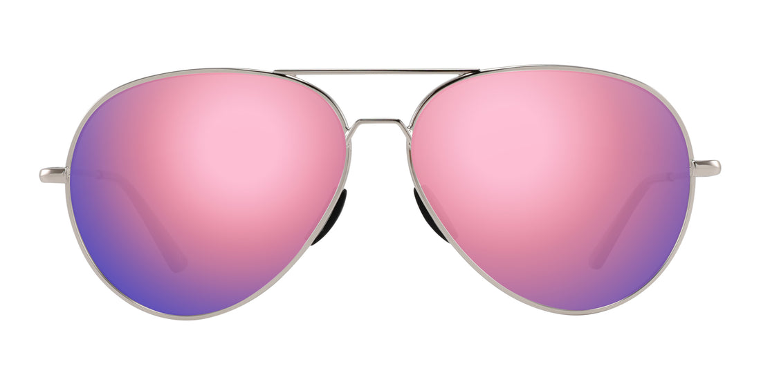 Front view of Shirogane sunglasses showcasing polished silver aviator frame and rose-pink mirrored lenses on white background