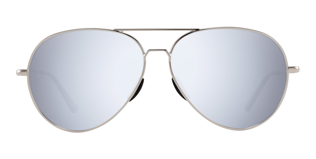 Front view of Shirogane aviator sunglasses with polished silver metal double-bridge frame and silver mirrored lenses on white