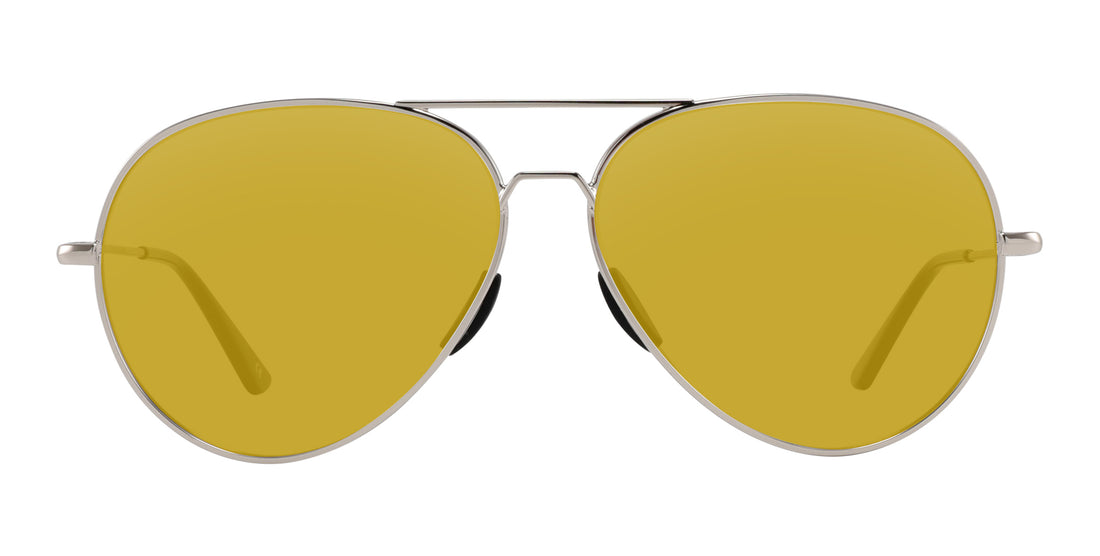 Front view of Shirogane sunglasses showcasing silver aviator metal frame and yellow prescription lenses on white background