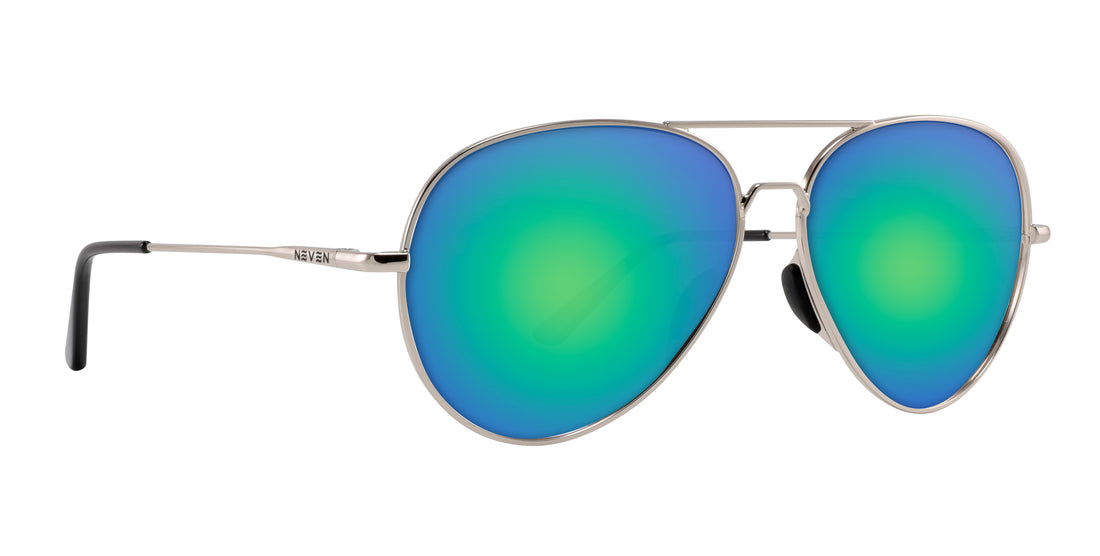 Right-front close-up of Shirogane sunglasses showing silver aviator frame and green-blue mirrored lenses on white background