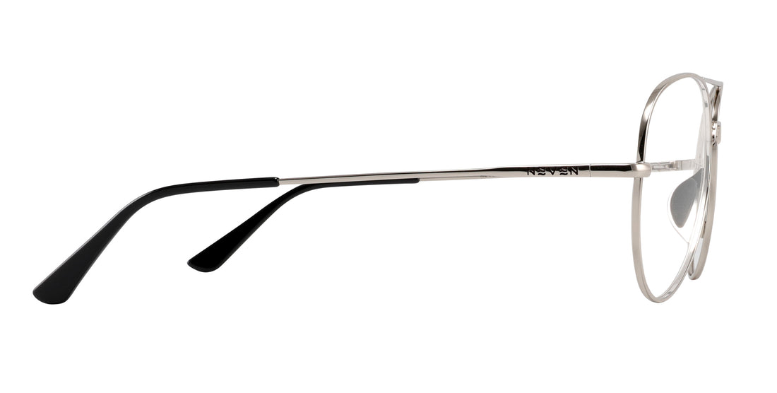 Side view of Shirogane prescription sunglasses with polished silver metal frame and black temple tips on white background