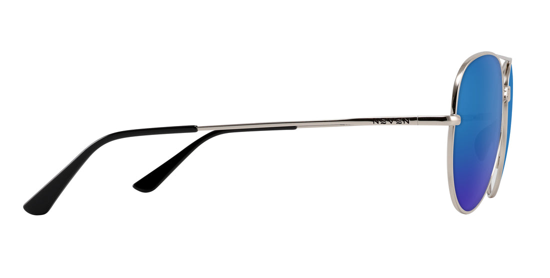 Side view of Shirogane prescription sunglasses showcasing polished silver metal aviator frame, blue mirrored lenses, and black temple tips on white background