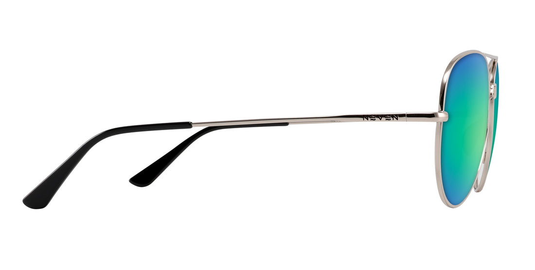 Side view of Shirogane prescription sunglasses showing silver metal frame and green mirrored lenses on white background