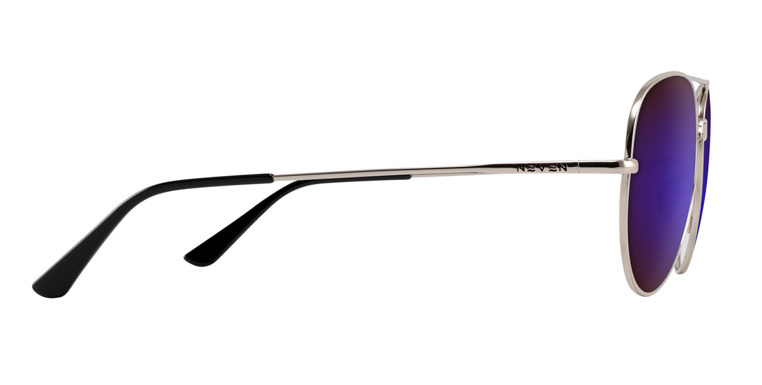 Side view of Shirogane prescription sunglasses showcasing polished silver metal frame, black temple tips, and purple mirrored lenses on white background