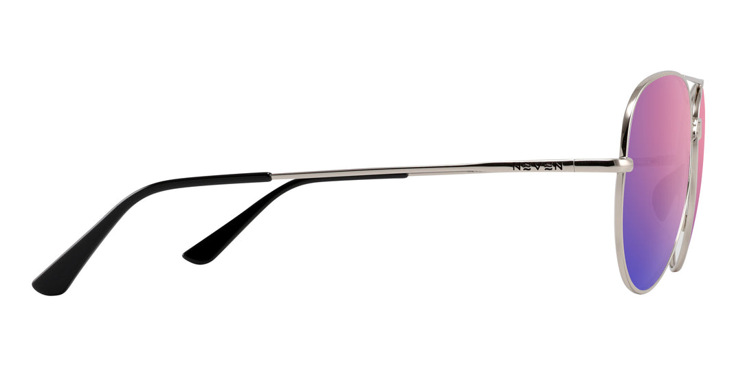 Side view of Shirogane Rx sunglasses showing slim silver temple and mirrored rose-pink lens on white background