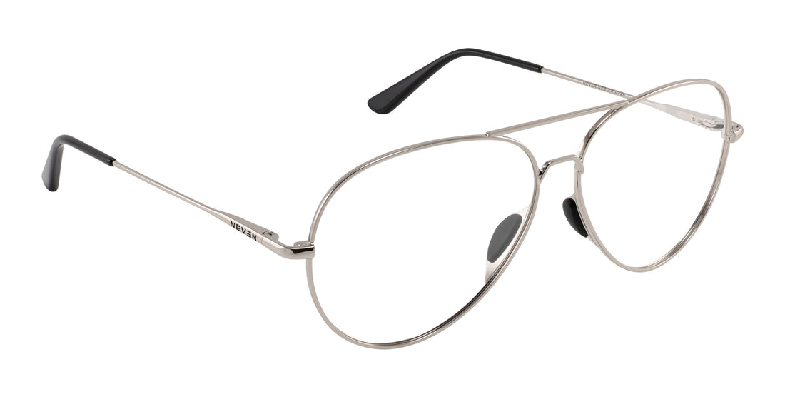 Close-up of Shirogane Rx aviator showing silver metal frame, embedded nose pads and black temple tips on white background