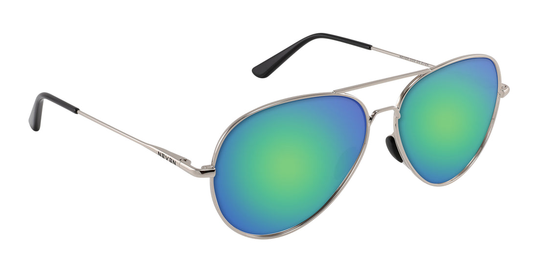 Three-quarter view of Shirogane sunglasses with silver metal frames and green-blue mirrored lenses on white background