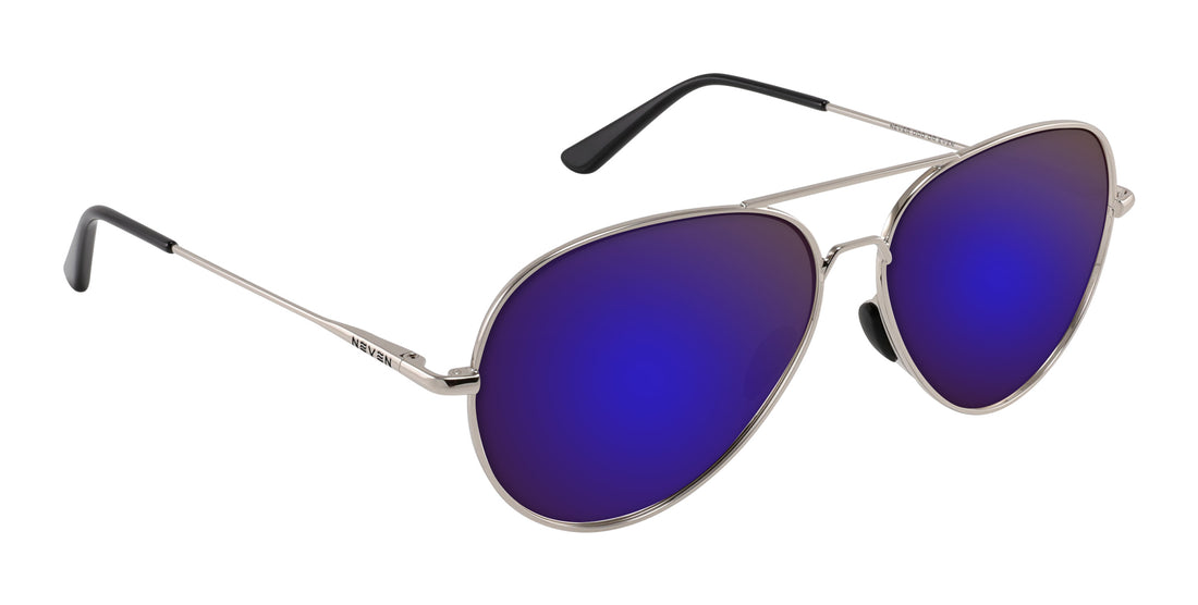 Angled close-up of Shirogane sunglasses showcasing silver metal aviator frame and purple mirrored lenses on white background
