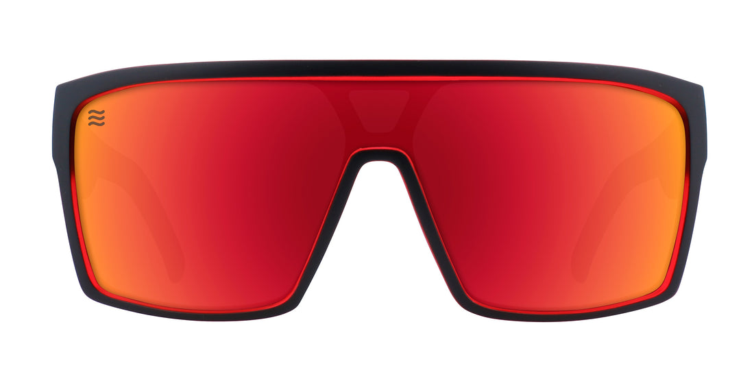 Front view of 2nd Light sunglasses with red lenses and black frame.