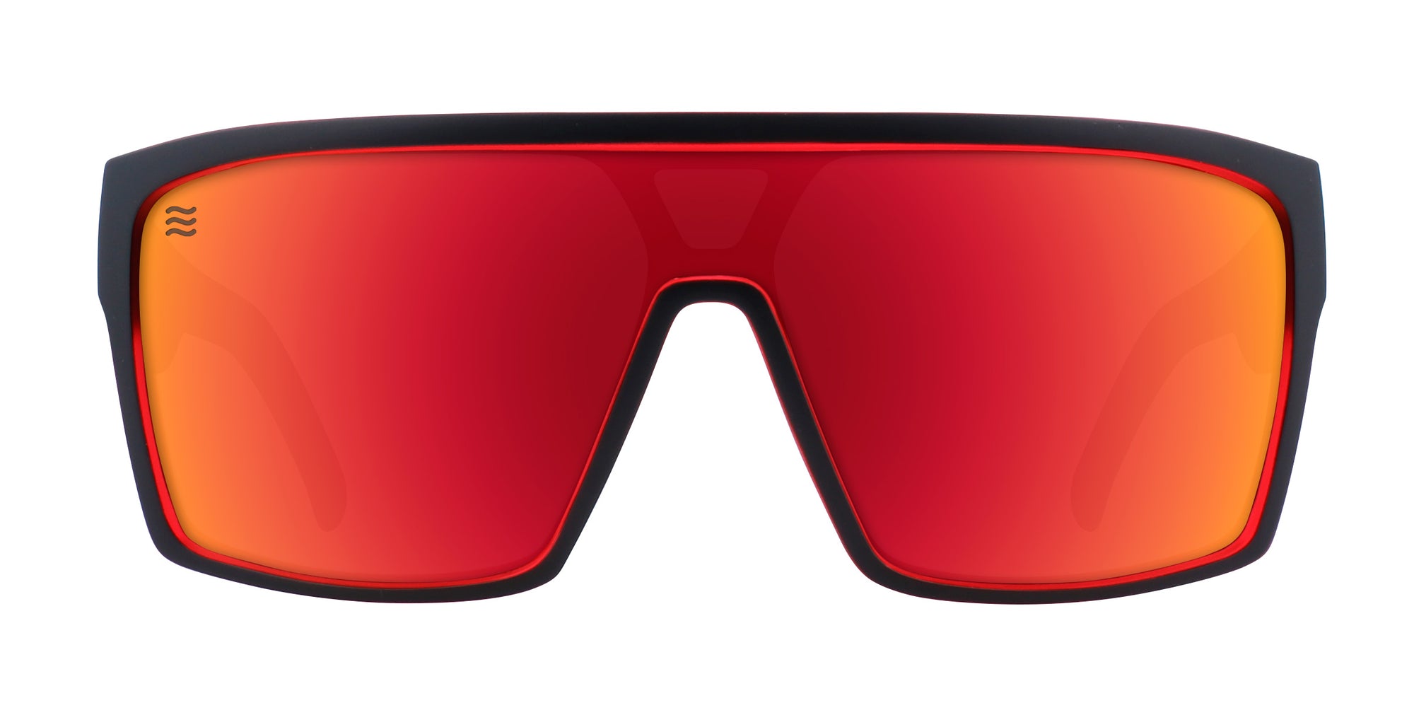 Front view of 2nd Light sunglasses with red lenses and black frame.