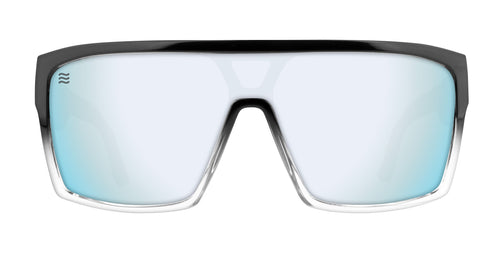 Black and silver oversized sunglasses with blue lenses.