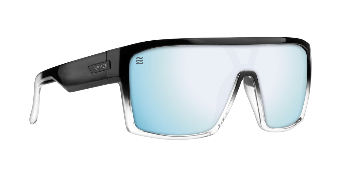 Front view of Inlet polarized sunglasses showcasing blue gradient shield lenses and a clear frame on white