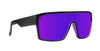 Black sunglasses with purple lenses, featuring a modern design.