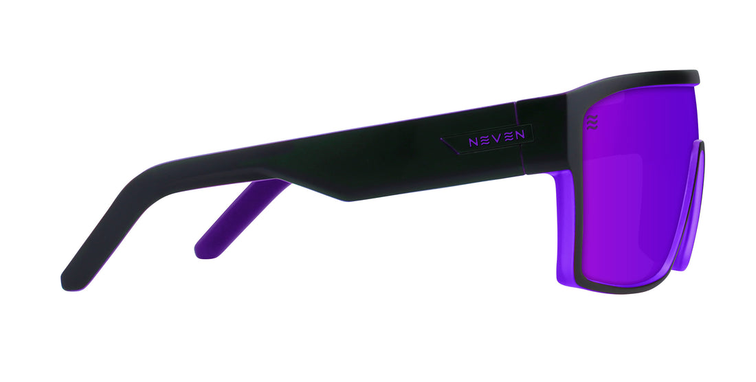 Side view of Paradise polarized sunglasses showcasing matte black and purple frame, purple lenses, and Neven logo on the temple on white background