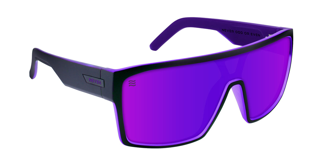 Three-quarter close-up of Paradise sunglasses showing matte black frame with purple mirrored polarized lens and purple temple interior on white background