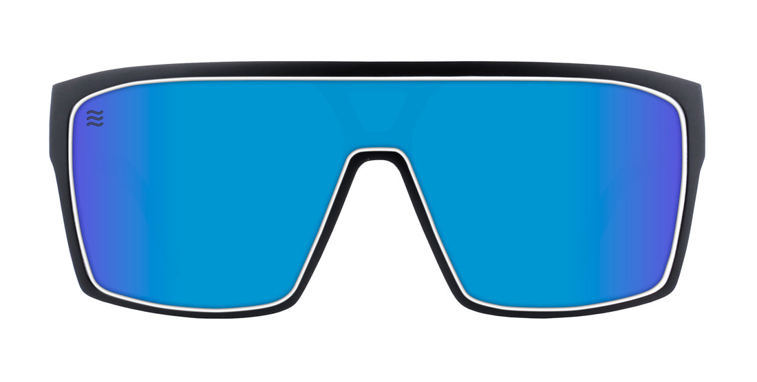 Front view of Slater polarized sunglasses showcasing blue mirrored shield lens and black frame on white background