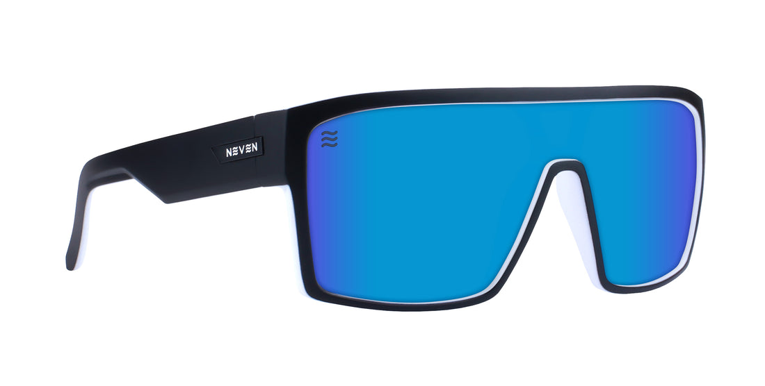 Front three-quarter view of Spanish House polarized sunglasses showcasing a blue mirrored shield lens and black frame on white background