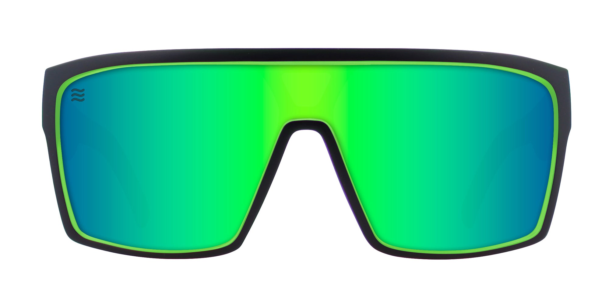Green mirrored sunglasses with a black frame.