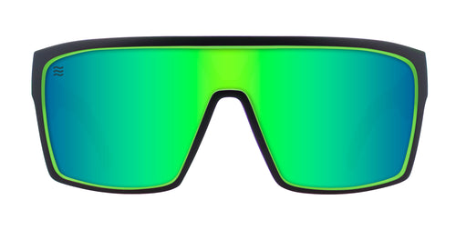 Green mirrored sunglasses with a black frame.