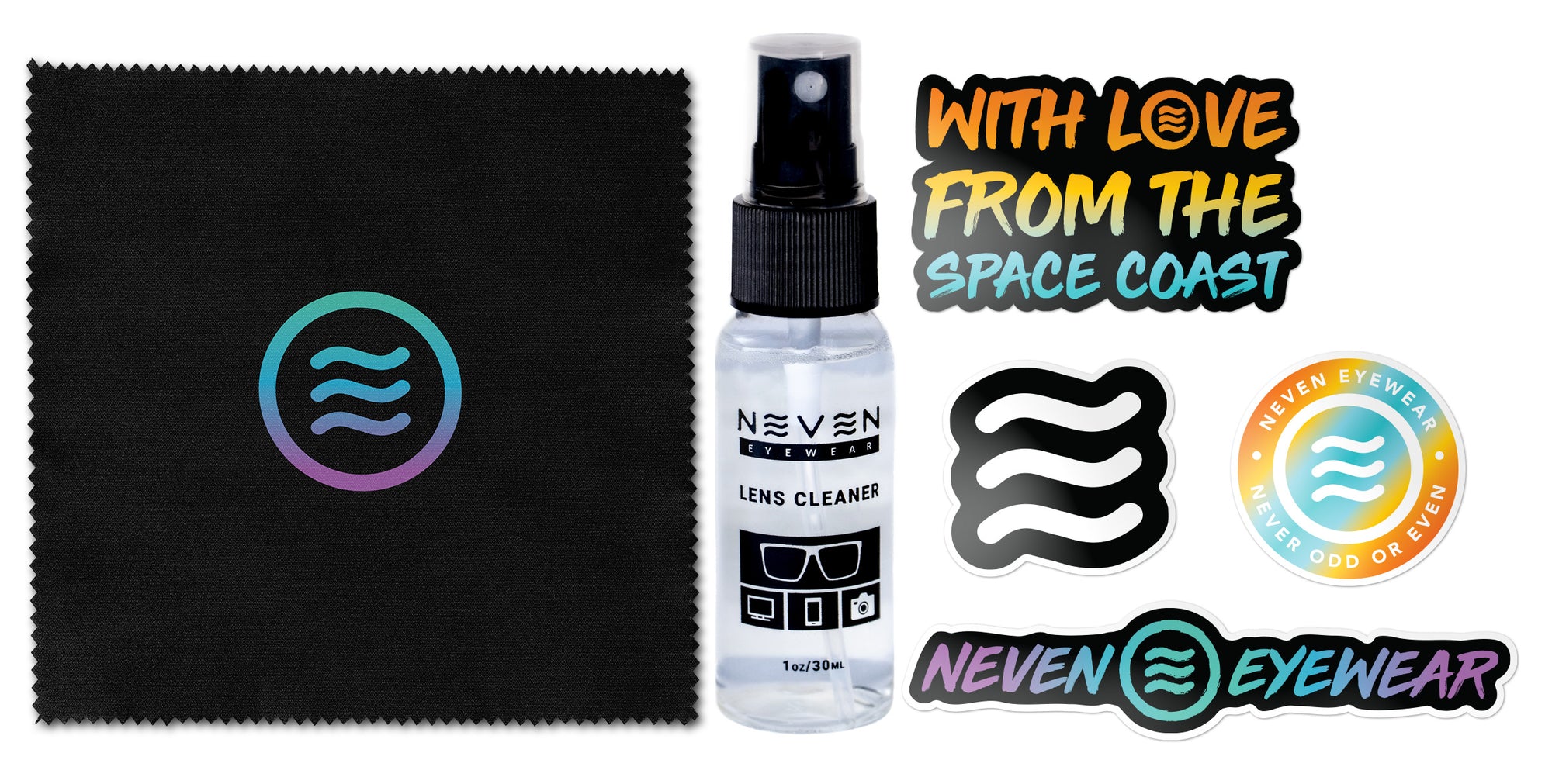 Lens cleaning kit including a spray bottle, cleaning cloth, and stickers with Neven Eyewear branding.