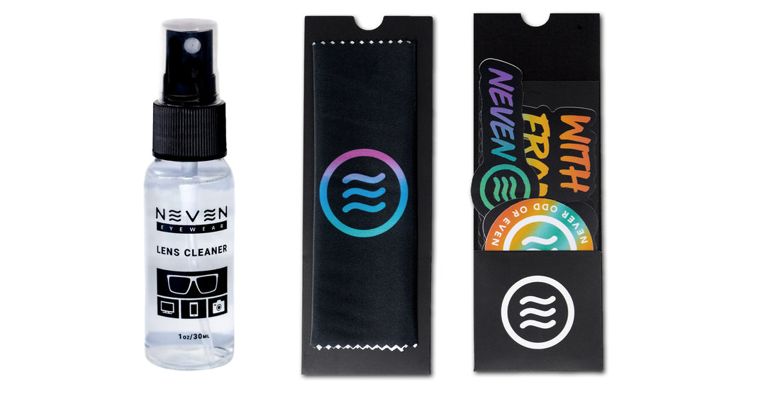 Cleaning Kit with lens cleaner and stickers from Neven Eyewear