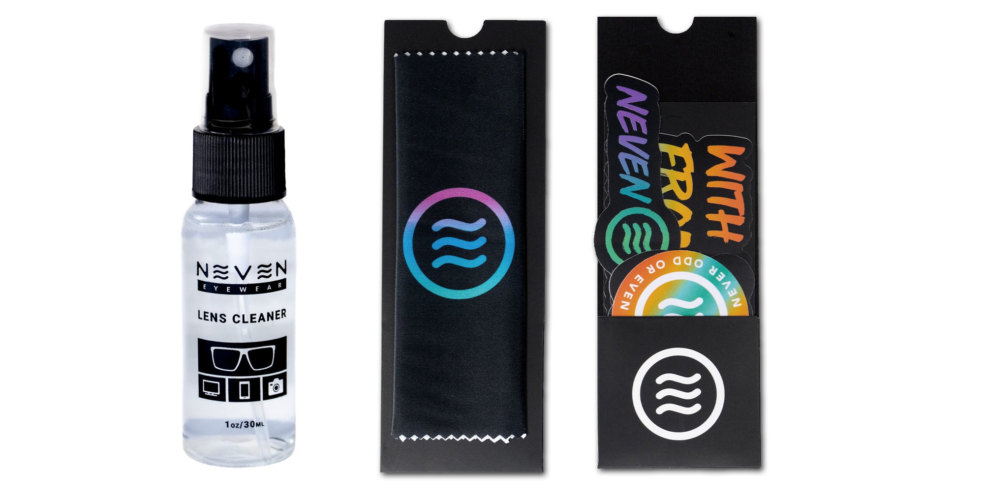 Cleaning Kit with lens cleaner and stickers from Neven Eyewear