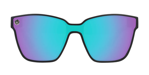 Curiosity Black Cat Eye Polarized Sunglasses with blue and purple lenses.