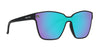 Black sunglasses with gradient blue and purple lenses.