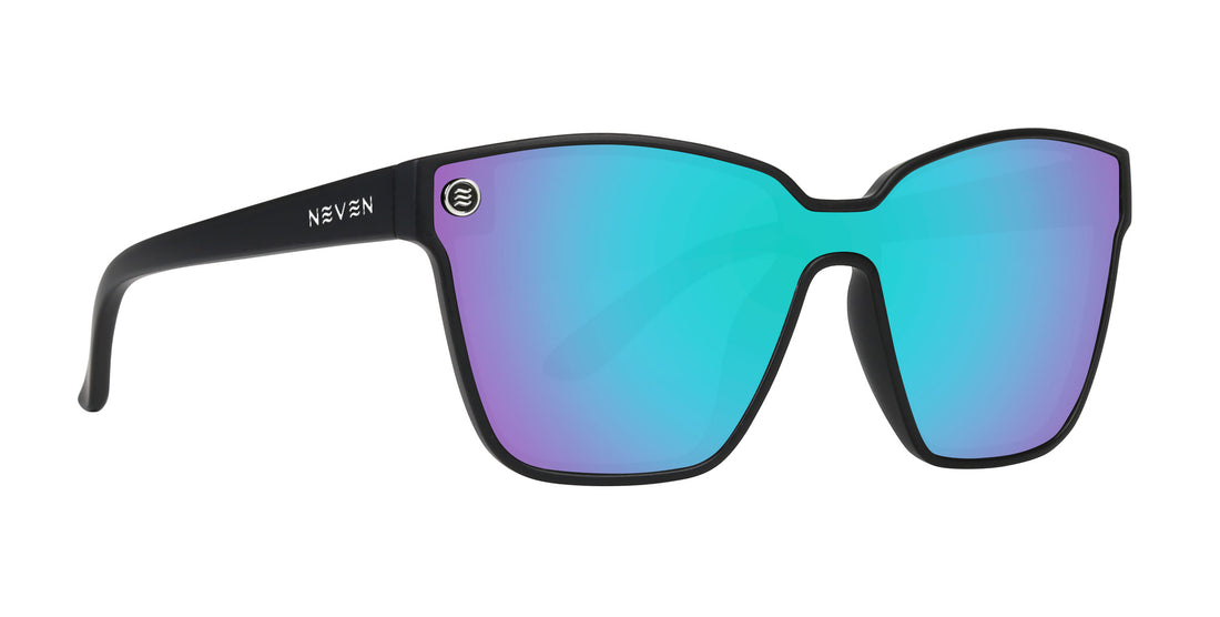 Front view of Curiosity polarized sunglasses with mirrored blue-purple gradient lenses and matte black frame on white