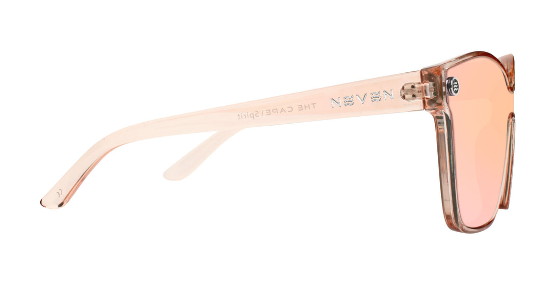 Side close-up of Spirit cat-eye sunglasses with transparent pink frame, pink polarized lenses and Neven logo on the temple
