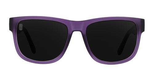 Purple rectangular sunglasses with black lenses.