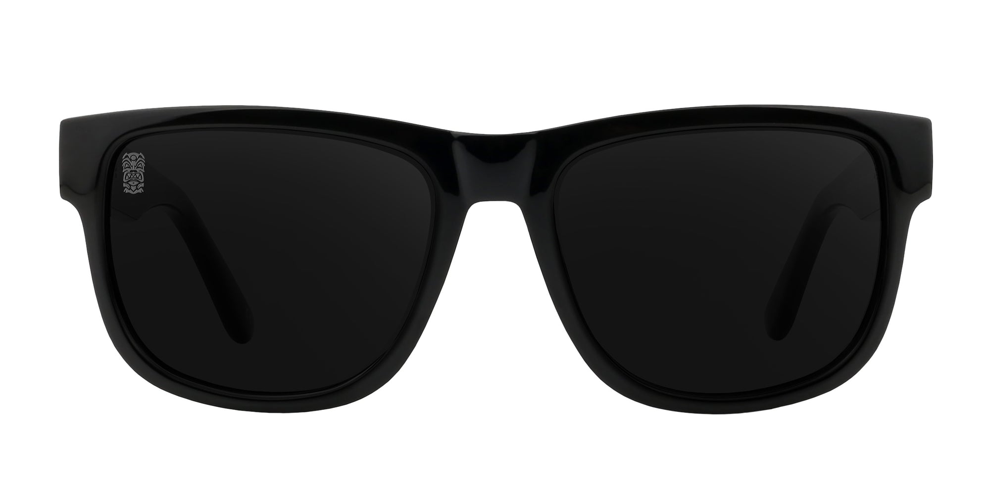 Front view of black sunglasses with polarized lenses.