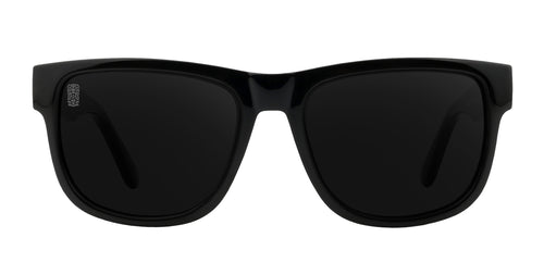 Front view of black sunglasses with polarized lenses.