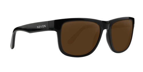 Sade black rectangular prescription glasses with brown lenses .