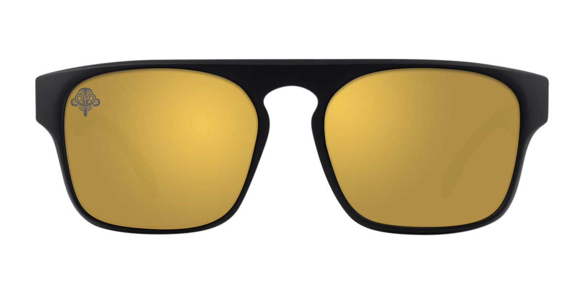 Black sunglasses with gold mirrored lenses